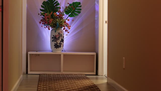 The hallway at Wonder Spa, with a lit floral arrangement on a white shelf at the end and violet light on the wall.