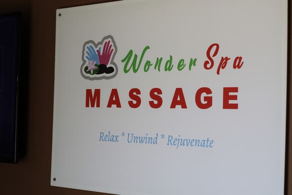 The Wonder Spa sign on the wall inside the suite.